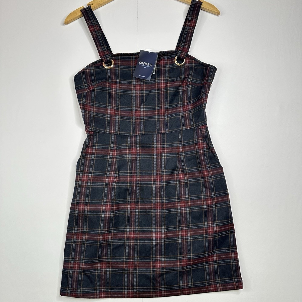 Forever 21 NWT Plaid Mini Dress Size Small Gold Grommet Straps Fall